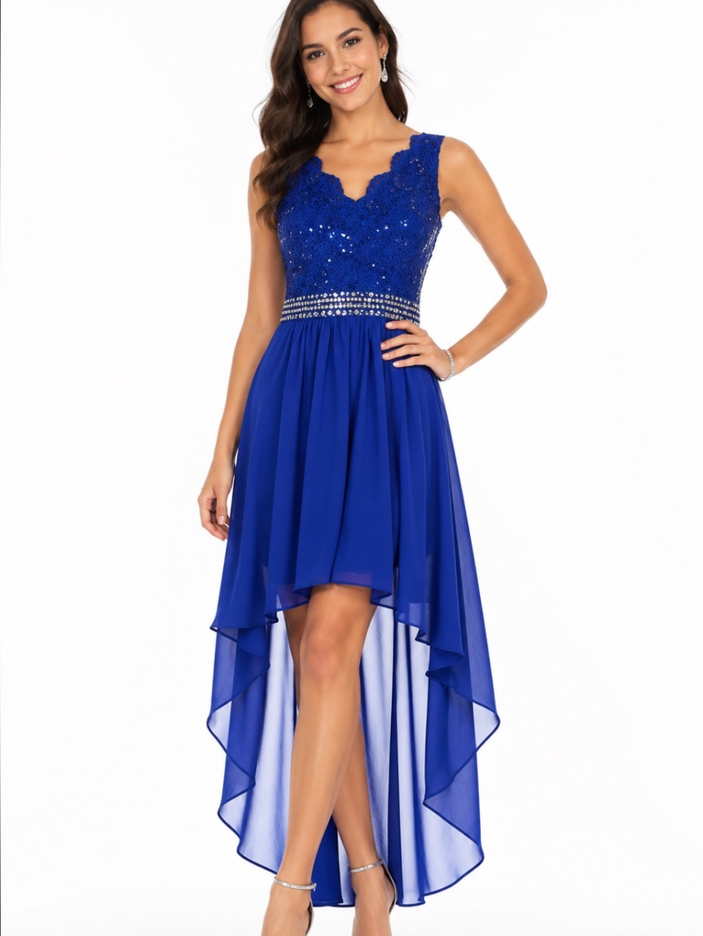 B. SMART Royal Blue Sequin & Lace Scalloped High-Low Cocktail Dress 15 NWOT